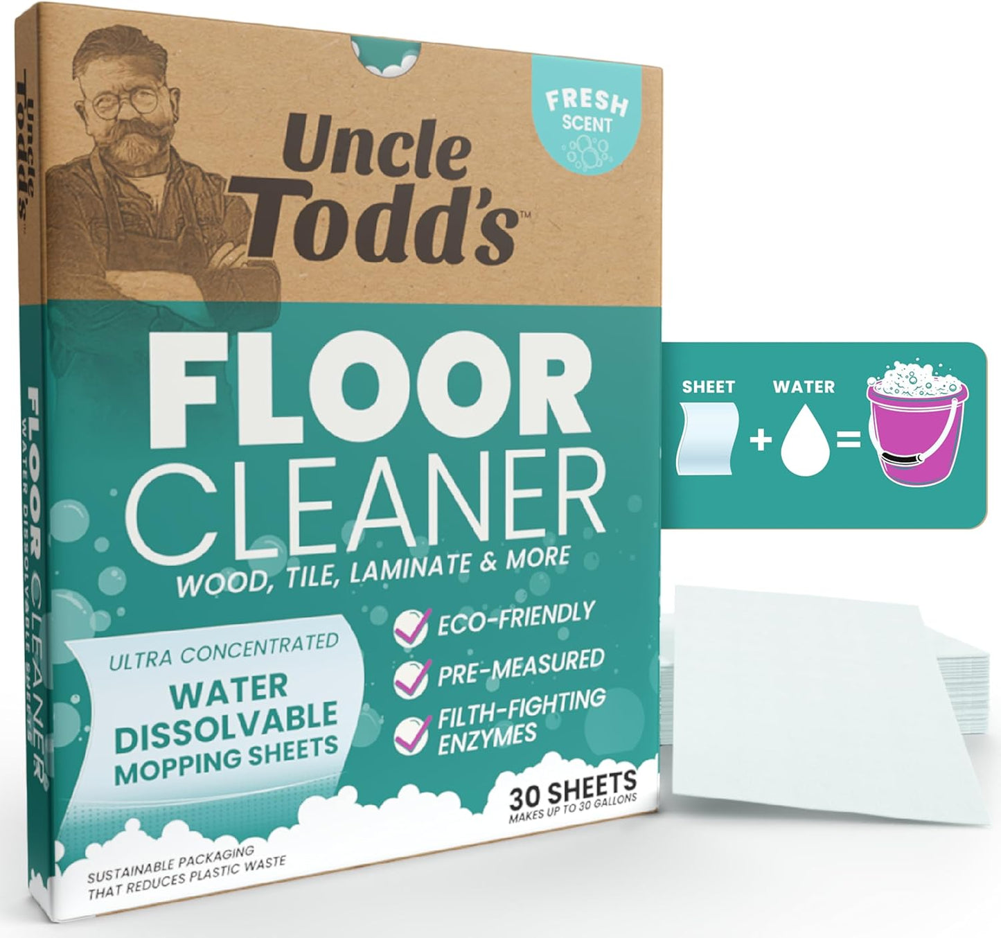 Uncle Todd's Floor Cleaner Sheets – 30 Ct, Enzyme Formula